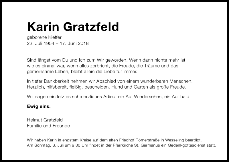  Traueranzeige für Karin Gratzfeld vom 30.06.2018 aus Kölner Stadt-Anzeiger / Kölnische Rundschau / Express