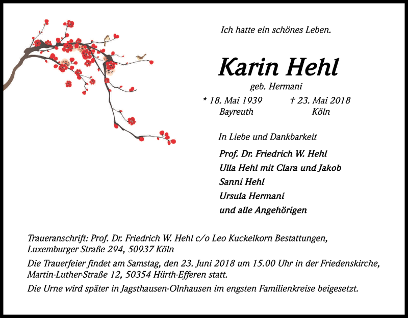  Traueranzeige für Karin Hehl vom 09.06.2018 aus Kölner Stadt-Anzeiger / Kölnische Rundschau / Express