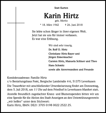 Anzeige von Karin Hirtz von Kölner Stadt-Anzeiger / Kölnische Rundschau / Express