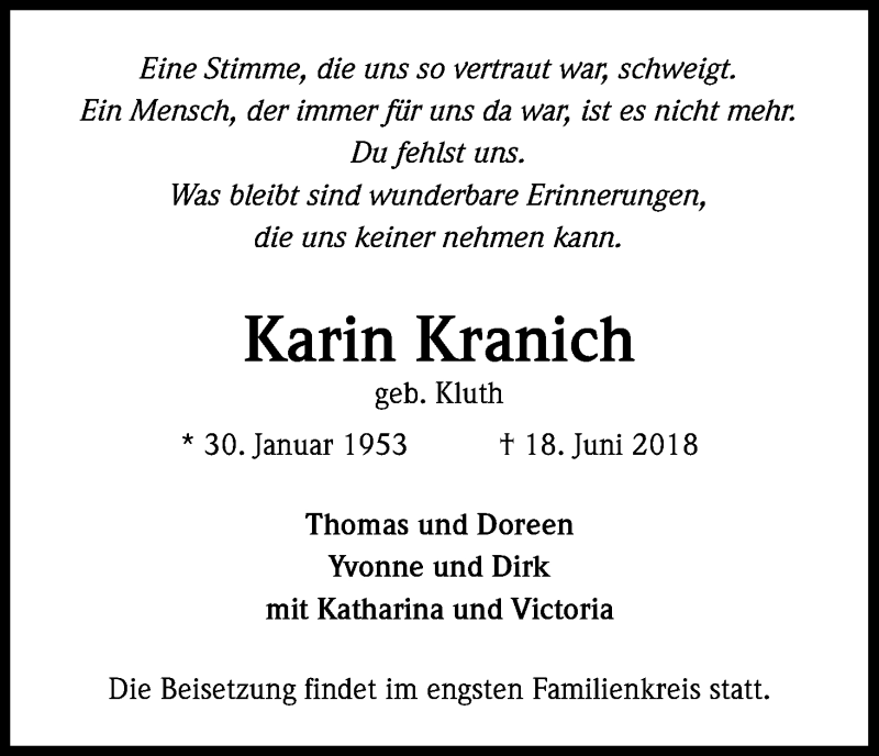  Traueranzeige für Karin Kranich vom 23.06.2018 aus Kölner Stadt-Anzeiger / Kölnische Rundschau / Express