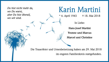 Anzeige von Karin Martini von Kölner Stadt-Anzeiger / Kölnische Rundschau / Express