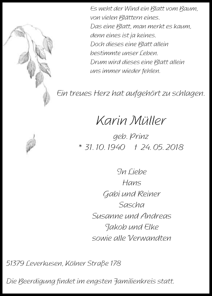  Traueranzeige für Karin Müller vom 02.06.2018 aus Kölner Stadt-Anzeiger / Kölnische Rundschau / Express
