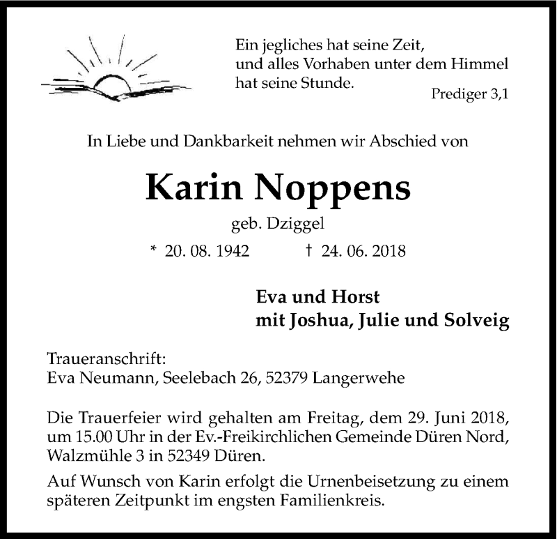  Traueranzeige für Karin Noppens vom 27.06.2018 aus Kölner Stadt-Anzeiger / Kölnische Rundschau / Express