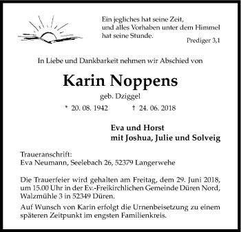 Anzeige von Karin Noppens von Kölner Stadt-Anzeiger / Kölnische Rundschau / Express