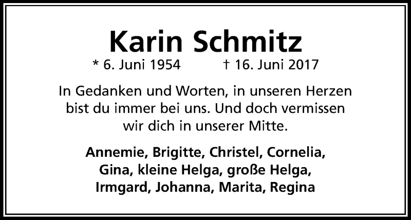  Traueranzeige für Karin Schmitz vom 16.06.2018 aus Kölner Stadt-Anzeiger / Kölnische Rundschau / Express