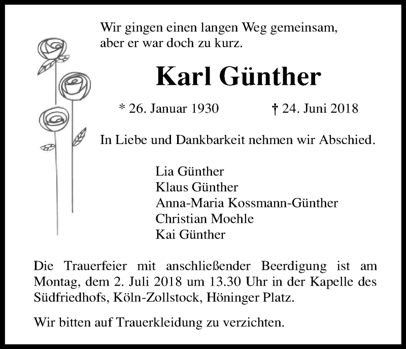  Traueranzeige für Karl Günther vom 30.06.2018 aus Kölner Stadt-Anzeiger / Kölnische Rundschau / Express