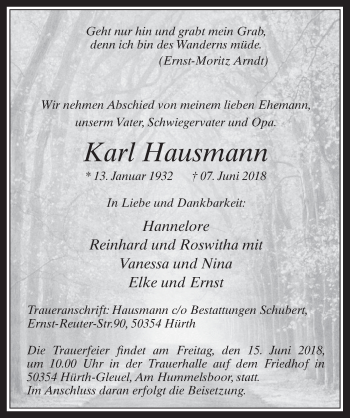 Anzeige von Karl Hausmann von  Wochenende 