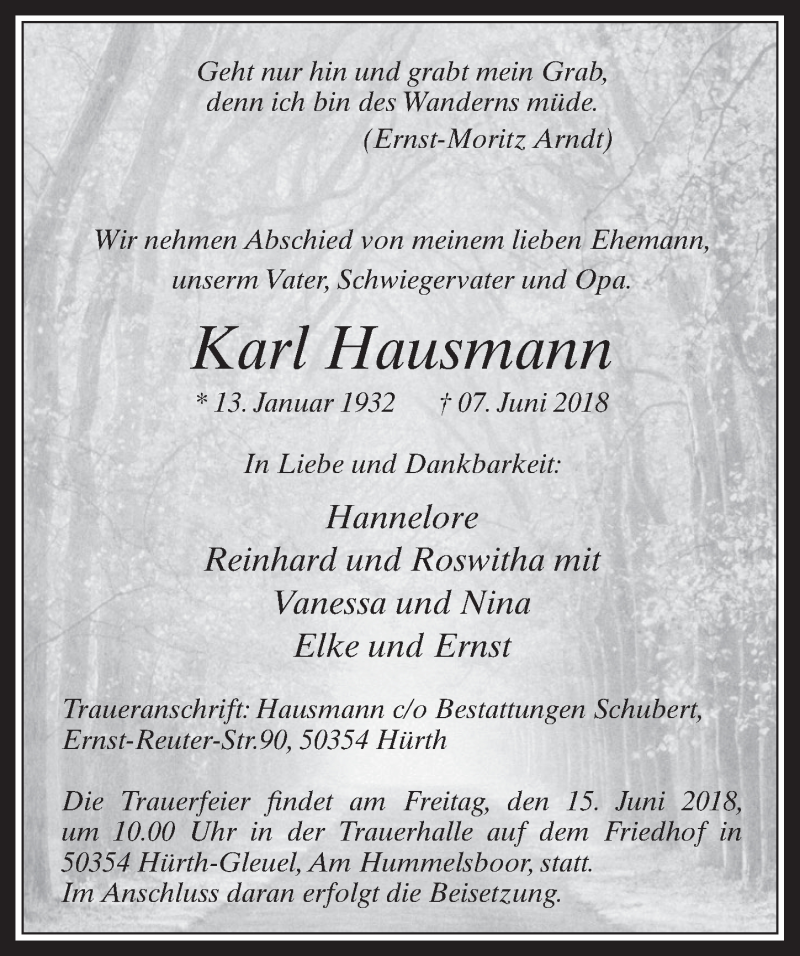  Traueranzeige für Karl Hausmann vom 13.06.2018 aus  Wochenende 