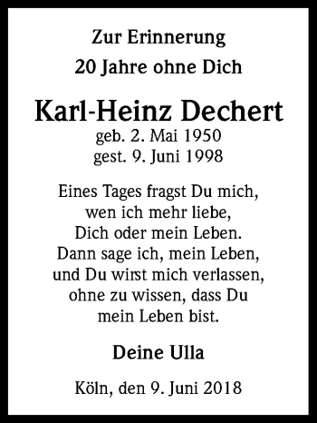 Anzeige von Karl-Heinz Dechert von Kölner Stadt-Anzeiger / Kölnische Rundschau / Express