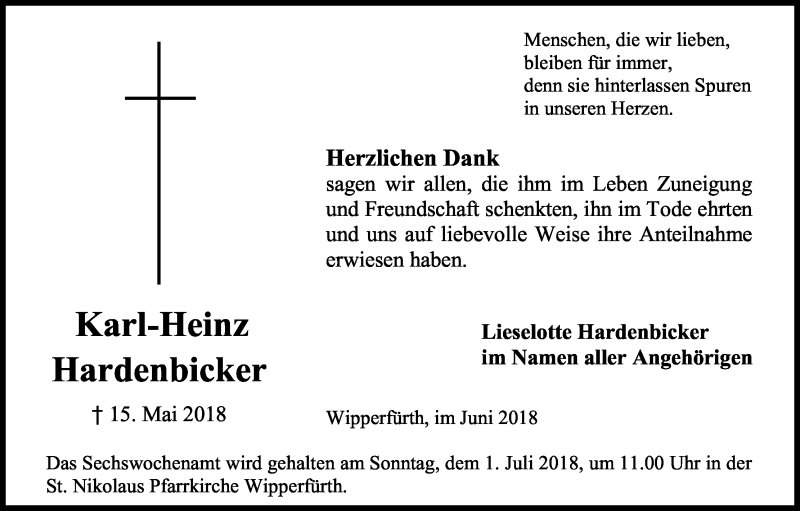  Traueranzeige für Karl-Heinz Hardenbicker vom 27.06.2018 aus Kölner Stadt-Anzeiger / Kölnische Rundschau / Express