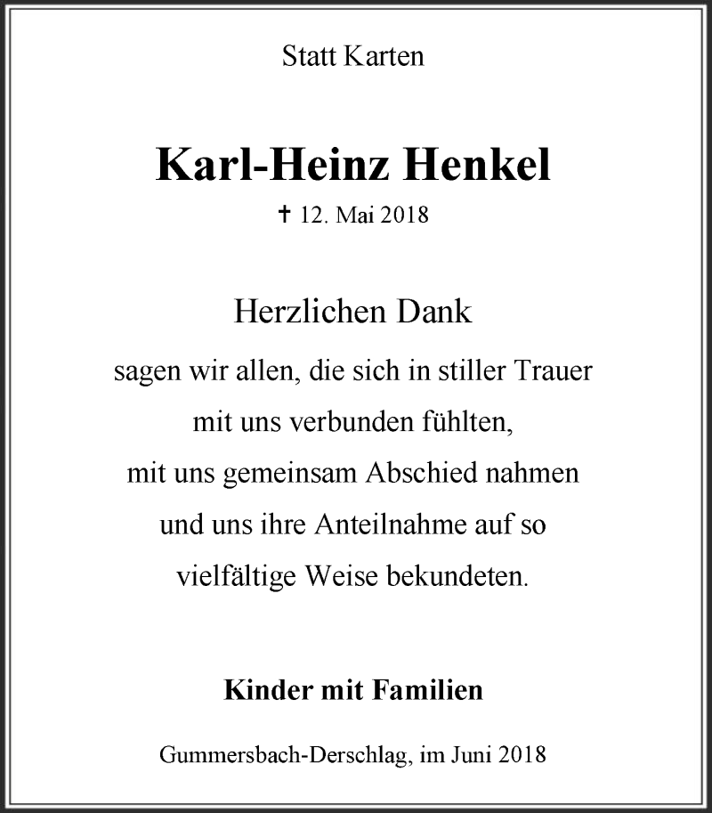  Traueranzeige für Karl-Heinz Henkel vom 27.06.2018 aus  Anzeigen Echo 