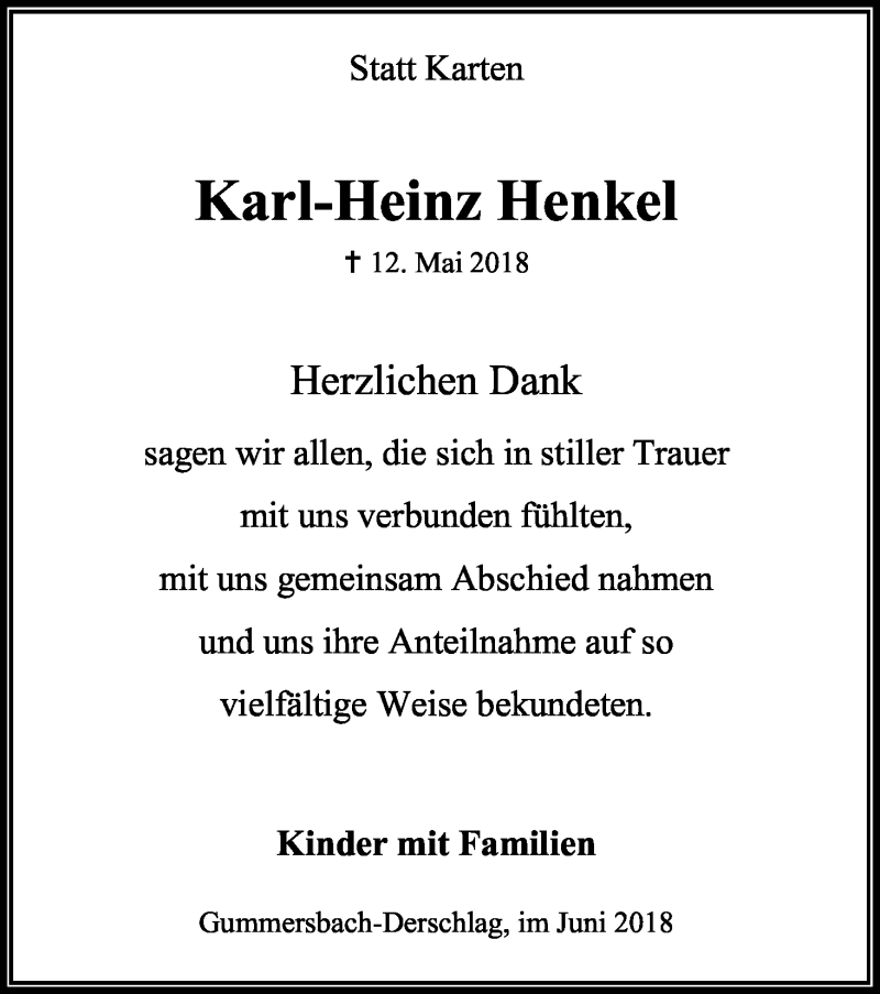  Traueranzeige für Karl-Heinz Henkel vom 26.06.2018 aus Kölner Stadt-Anzeiger / Kölnische Rundschau / Express