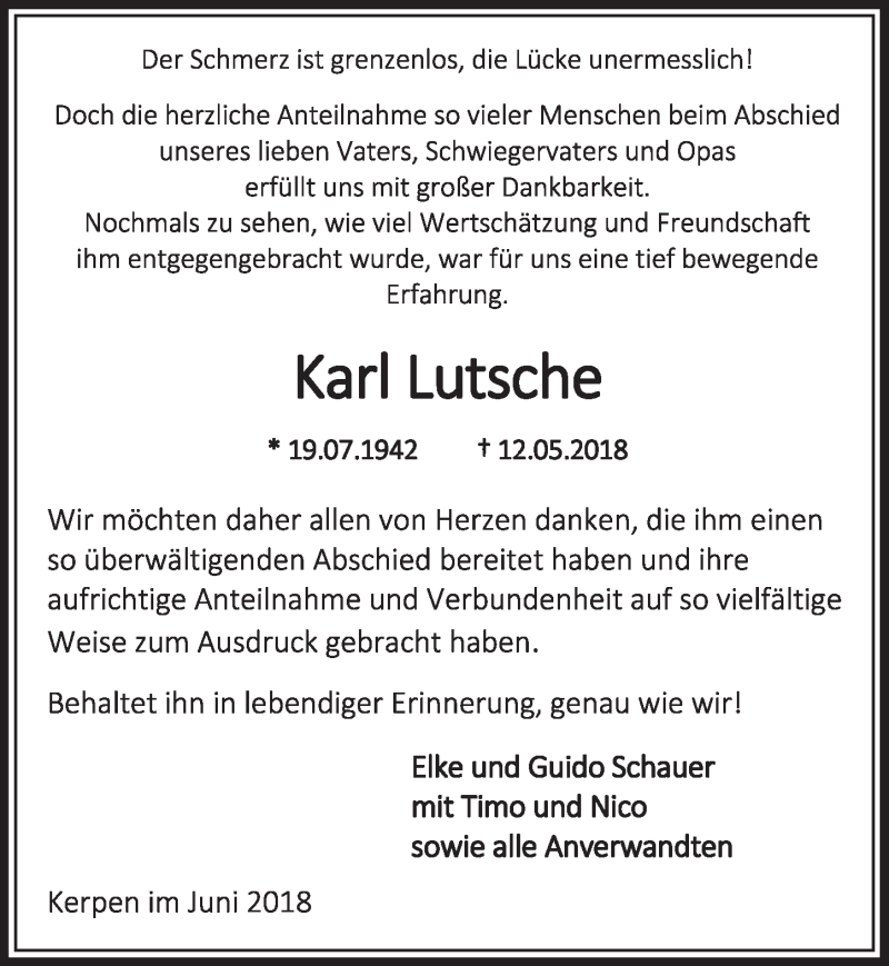  Traueranzeige für Karl Lutsche vom 16.06.2018 aus  Sonntags-Post 