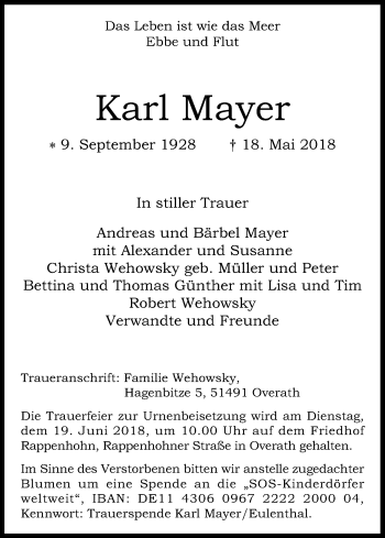 Anzeige von Karl Mayer von Kölner Stadt-Anzeiger / Kölnische Rundschau / Express