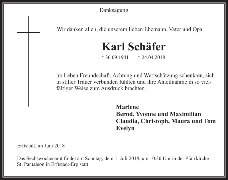 Traueranzeige für Karl Schäfer vom 13.06.2018 aus  Werbepost 