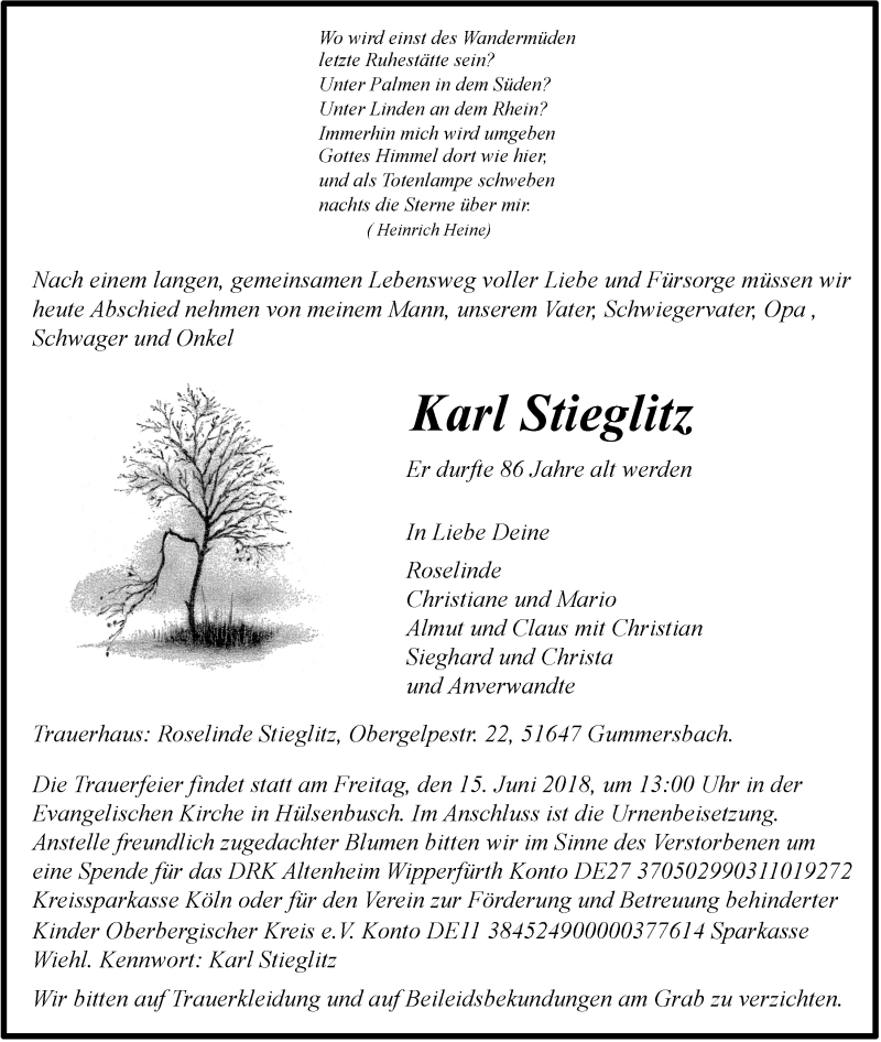  Traueranzeige für Karl Stieglitz vom 13.06.2018 aus  Anzeigen Echo 