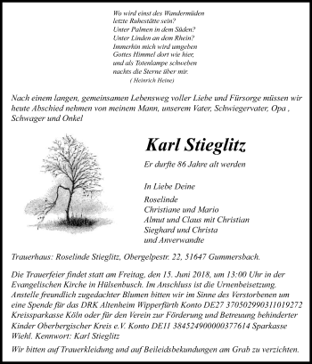 Anzeige von Karl Stieglitz von Kölner Stadt-Anzeiger / Kölnische Rundschau / Express