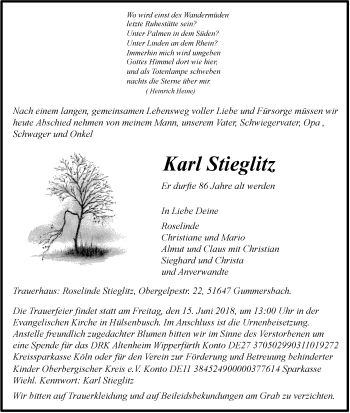 Anzeige von Karl Stieglitz von  Anzeigen Echo 