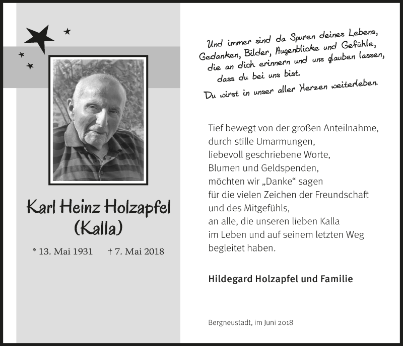  Traueranzeige für Karl Heinz Holzapfel vom 27.06.2018 aus  Anzeigen Echo 