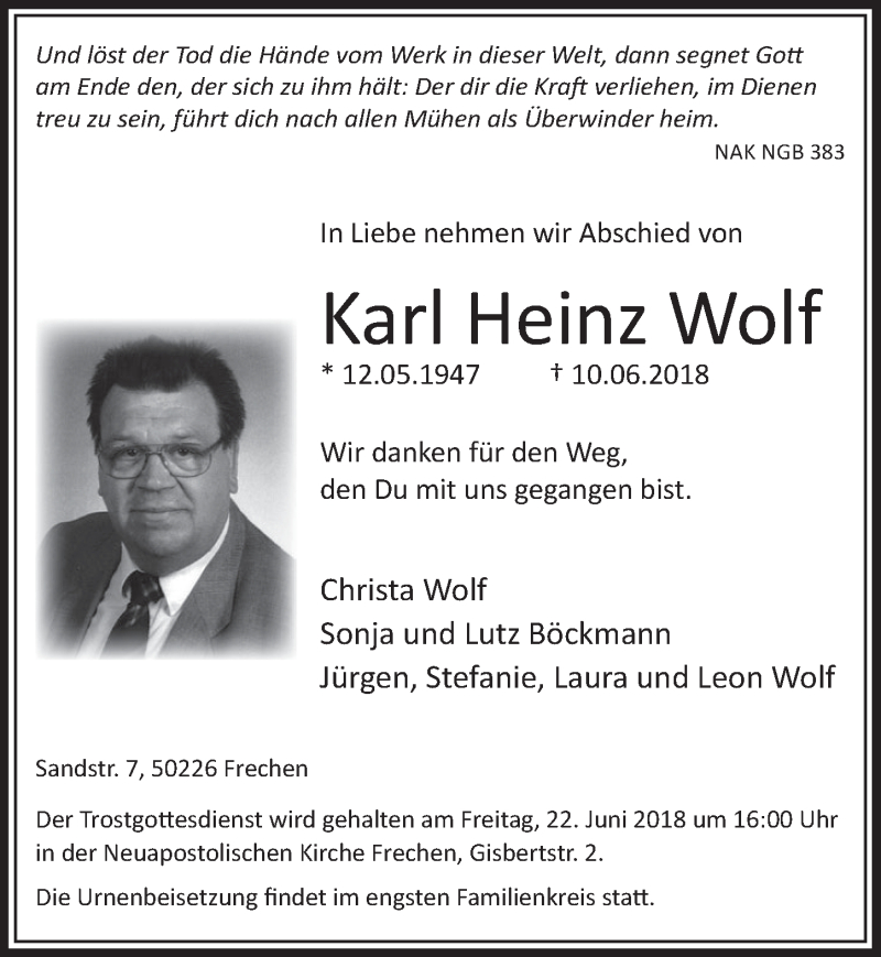  Traueranzeige für Karl Heinz Wolf vom 16.06.2018 aus  Sonntags-Post 