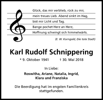 Anzeige von Karl Rudolf Schnippering  von Kölner Stadt-Anzeiger / Kölnische Rundschau / Express