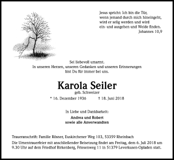 Anzeige von Karola Seiler von Kölner Stadt-Anzeiger / Kölnische Rundschau / Express
