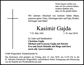 Anzeige von Kasimir Gajda von Kölner Stadt-Anzeiger / Kölnische Rundschau / Express