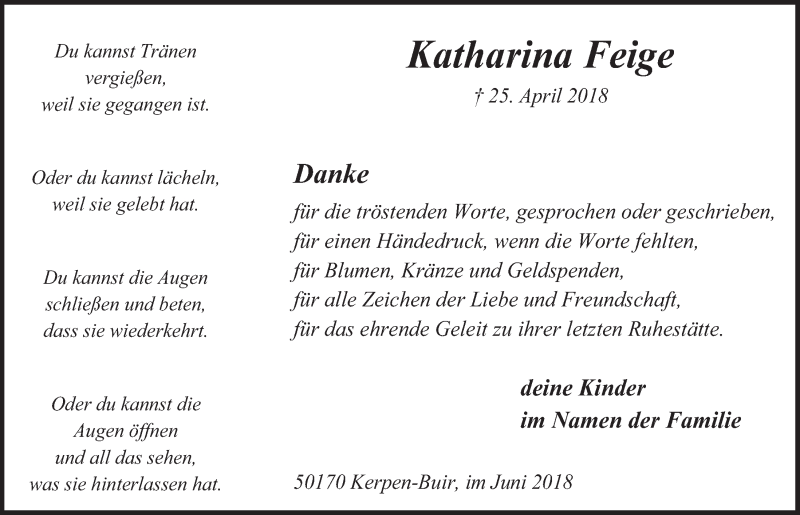  Traueranzeige für Katharina Feige vom 13.06.2018 aus  Werbepost 