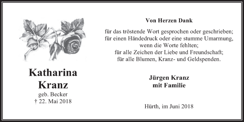  Traueranzeige für Katharina Kranz vom 27.06.2018 aus  Wochenende 