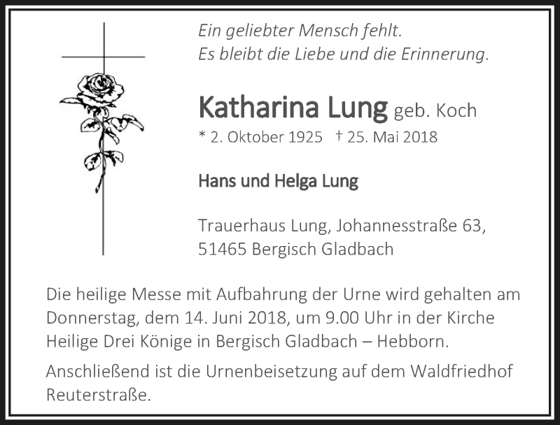  Traueranzeige für Katharina Lung vom 09.06.2018 aus  Bergisches Sonntagsblatt 