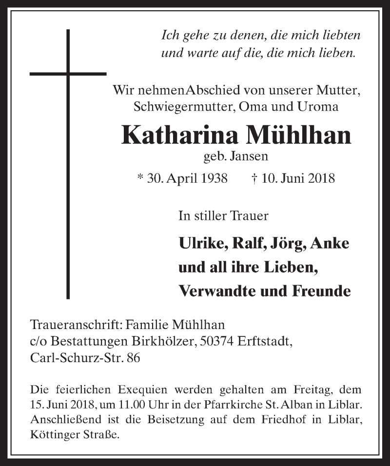  Traueranzeige für Katharina Mühlhan vom 13.06.2018 aus  Werbepost 