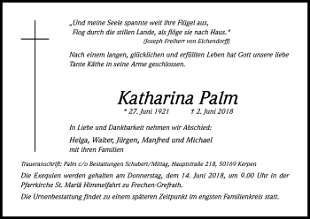 Anzeige von Katharina Palm von Kölner Stadt-Anzeiger / Kölnische Rundschau / Express