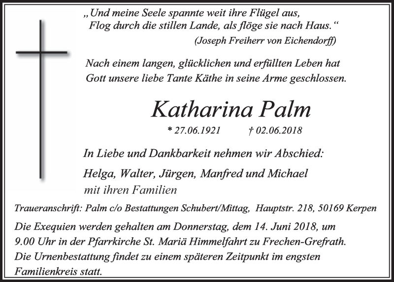  Traueranzeige für Katharina Palm vom 16.06.2018 aus  Sonntags-Post 