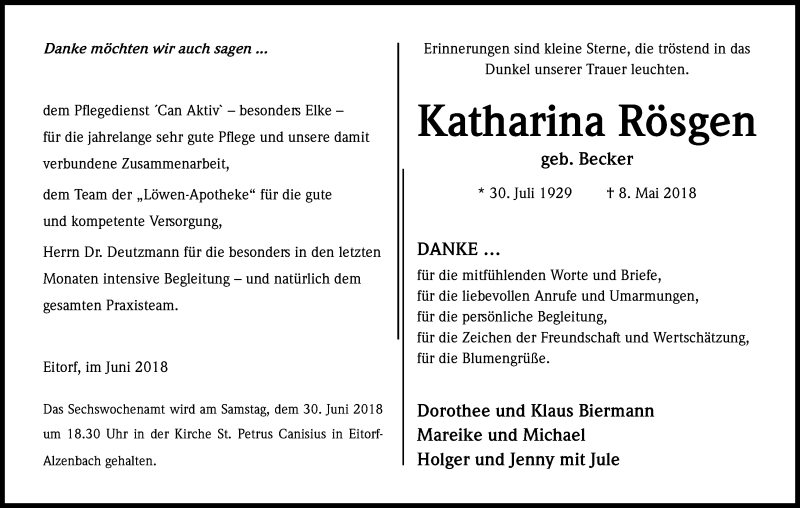  Traueranzeige für Katharina Rösgen vom 23.06.2018 aus Kölner Stadt-Anzeiger / Kölnische Rundschau / Express