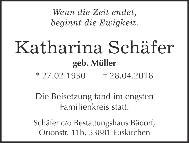  Traueranzeige für Katharina Schäfer vom 13.06.2018 aus  Werbepost 