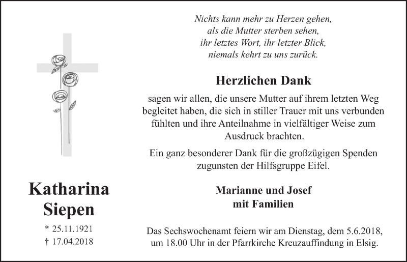  Traueranzeige für Katharina Siepen vom 02.06.2018 aus  Blickpunkt Euskirchen 