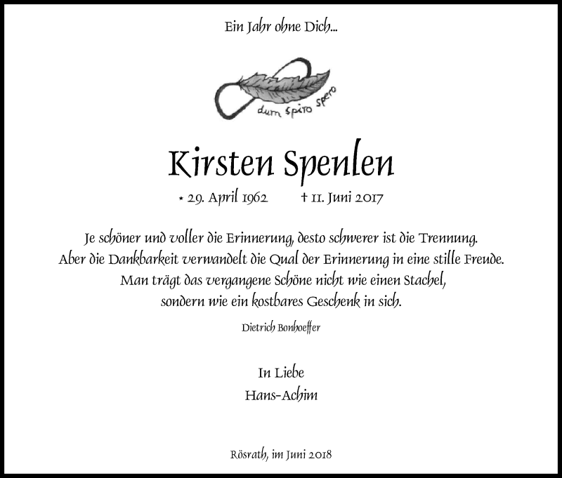  Traueranzeige für Kirsten Spenlen vom 09.06.2018 aus Kölner Stadt-Anzeiger / Kölnische Rundschau / Express