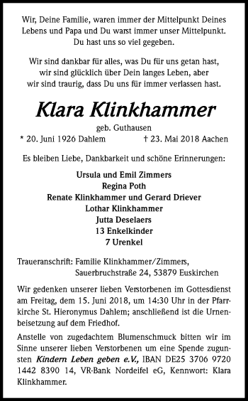 Anzeige von Klara Klinkhammer von Kölner Stadt-Anzeiger / Kölnische Rundschau / Express