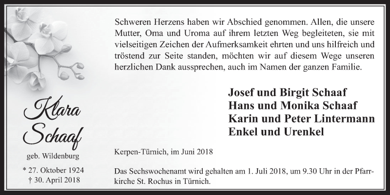 Traueranzeige für Klara Schaaf vom 27.06.2018 aus  Werbepost 