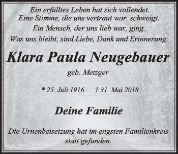 Anzeige von Klara Paula Neugebauer von  Sonntags-Post 
