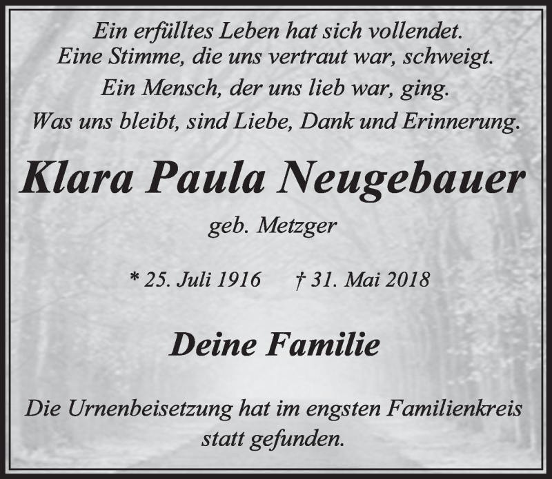  Traueranzeige für Klara Paula Neugebauer vom 23.06.2018 aus  Sonntags-Post 