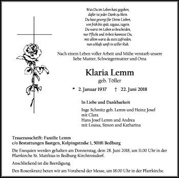 Anzeige von Klaria Lemm von Kölner Stadt-Anzeiger / Kölnische Rundschau / Express