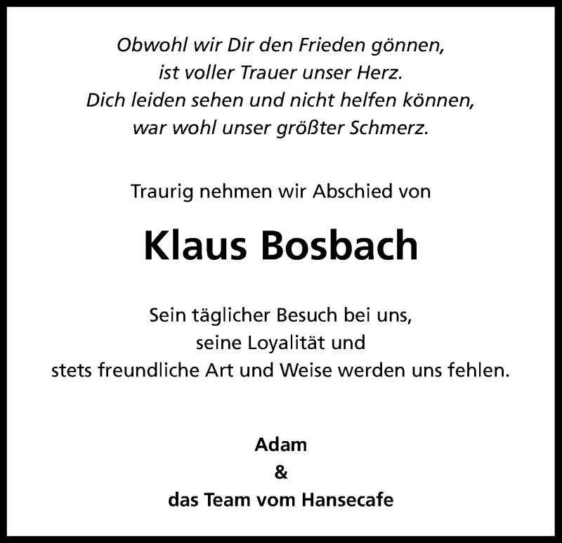  Traueranzeige für Klaus Bosbach vom 09.06.2018 aus Kölner Stadt-Anzeiger / Kölnische Rundschau / Express