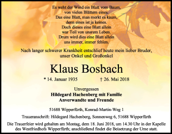 Anzeige von Klaus Bosbach von Kölner Stadt-Anzeiger / Kölnische Rundschau / Express