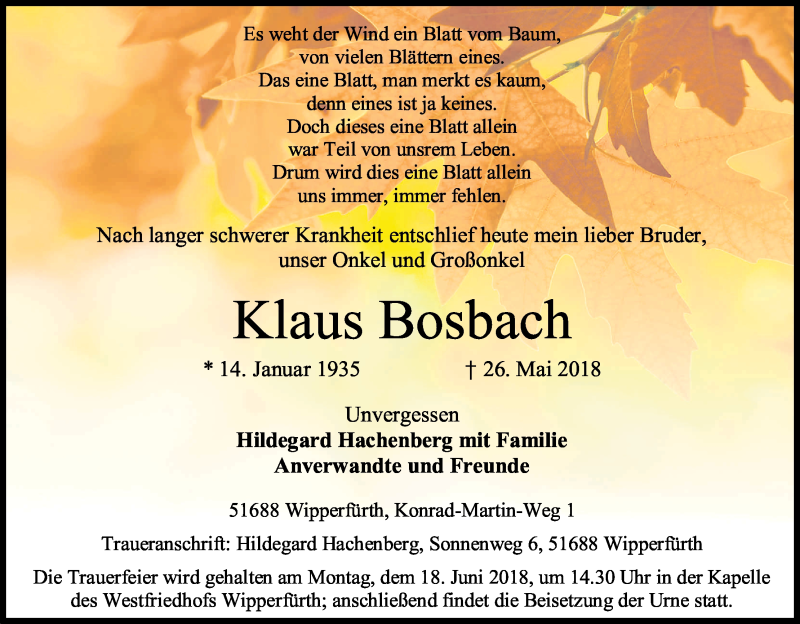  Traueranzeige für Klaus Bosbach vom 09.06.2018 aus Kölner Stadt-Anzeiger / Kölnische Rundschau / Express