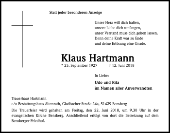Anzeige von Klaus Hartmann von Kölner Stadt-Anzeiger / Kölnische Rundschau / Express