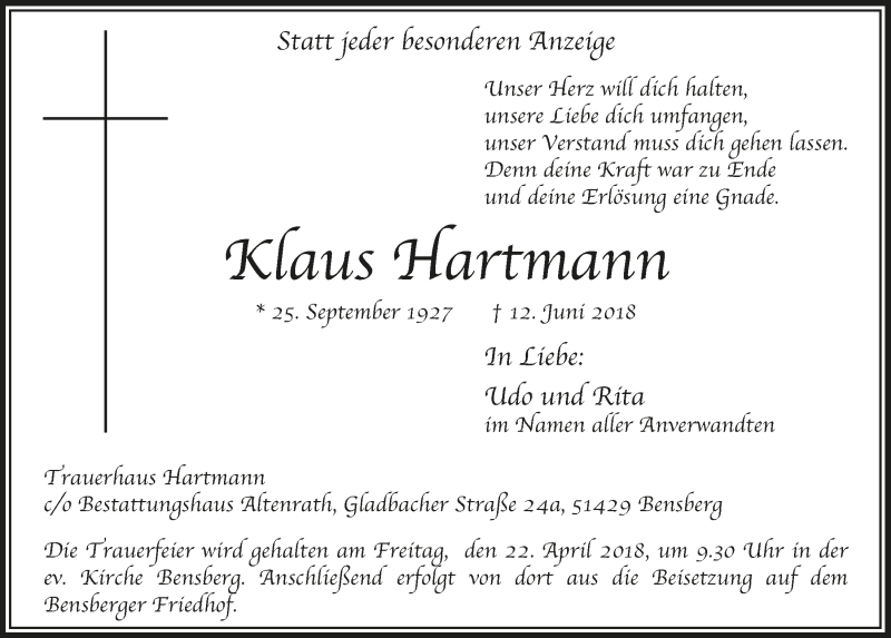  Traueranzeige für Klaus Hartmann vom 20.06.2018 aus  Bergisches Handelsblatt 