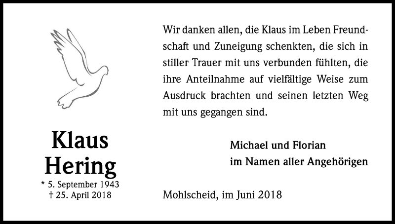  Traueranzeige für Klaus Hering vom 16.06.2018 aus Kölner Stadt-Anzeiger / Kölnische Rundschau / Express
