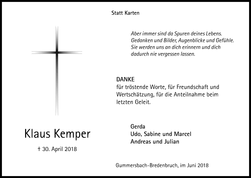  Traueranzeige für Klaus Kemper vom 09.06.2018 aus Kölner Stadt-Anzeiger / Kölnische Rundschau / Express