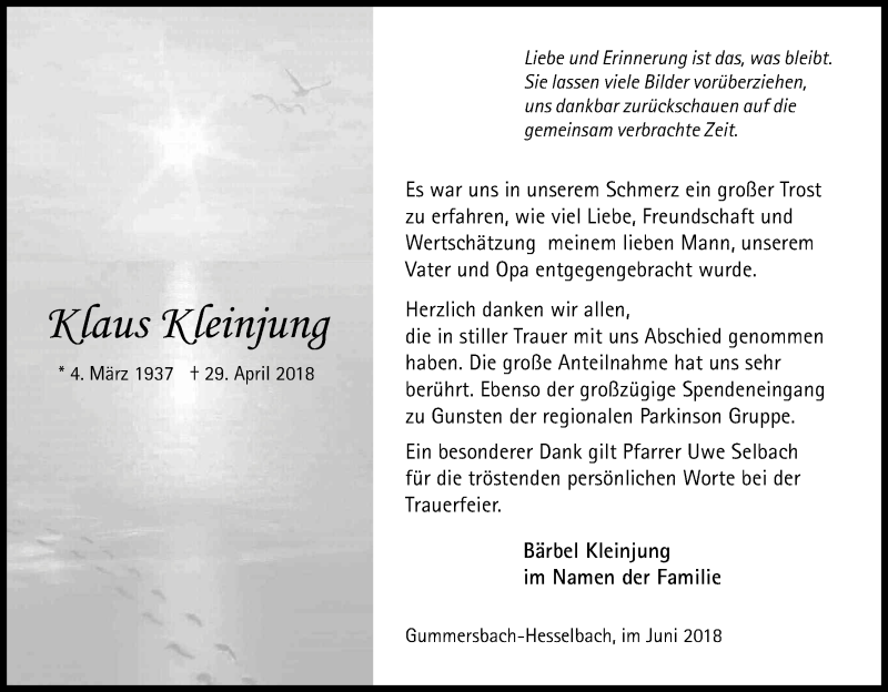  Traueranzeige für Klaus Kleinjung vom 30.06.2018 aus Kölner Stadt-Anzeiger / Kölnische Rundschau / Express